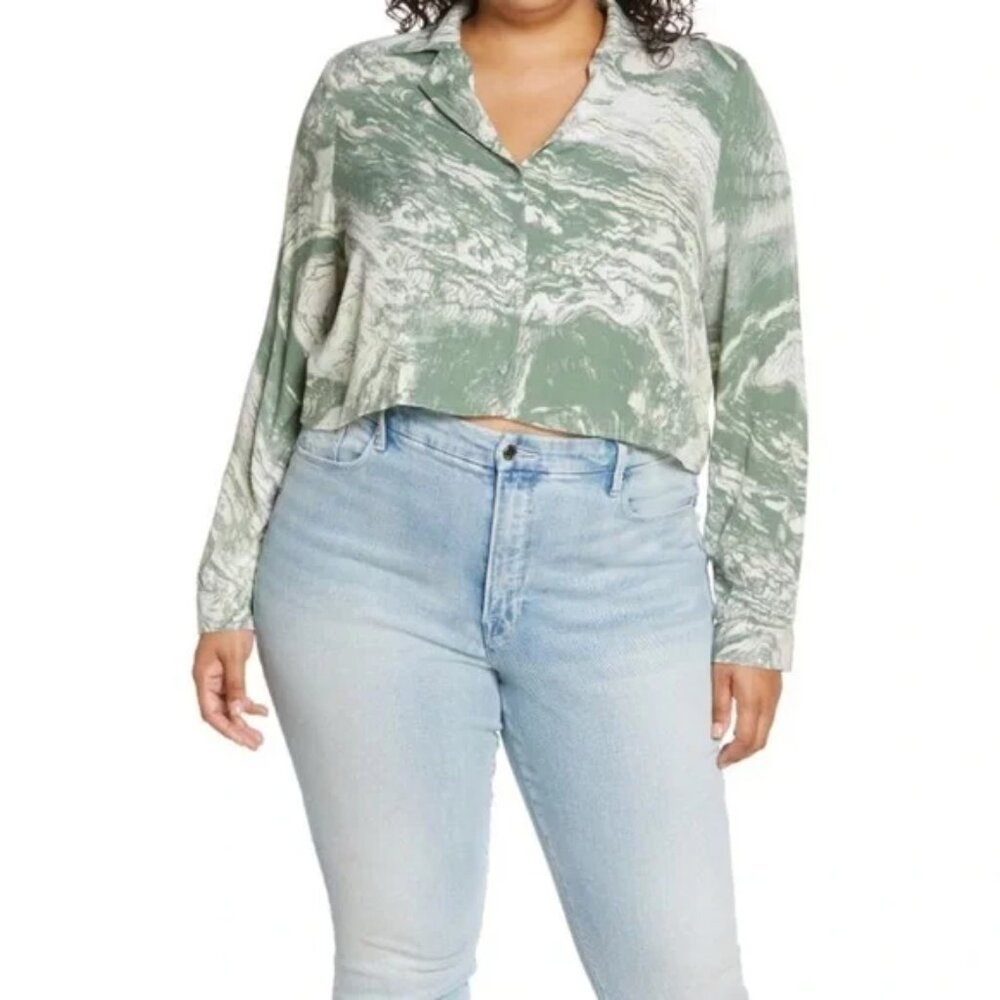 bp 90s Y2K Cropped Long-Sleeve, Button Down Green Marble Shirt
